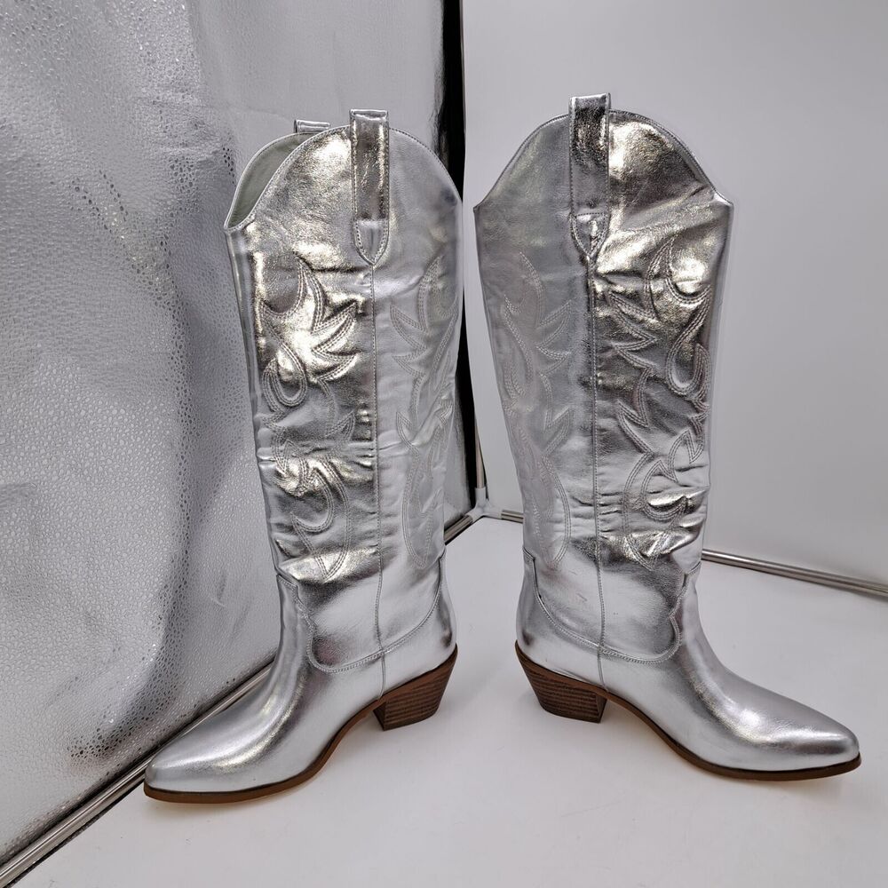 Oeupiano Knee High Cowboy Rodeo Party Silver Boots Size 10